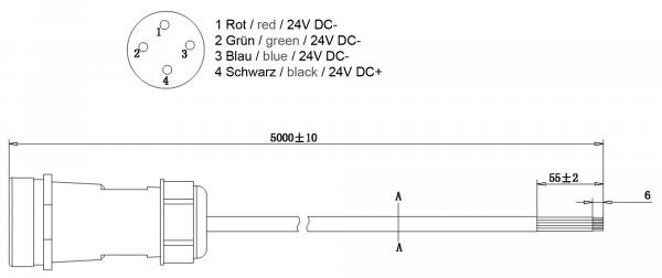 Kabelsystem, Weipu HQ 12/24/48V Einspeisekabel 4-polig, Länge: 5000 mm