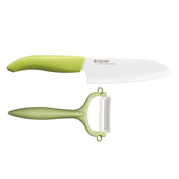 GEN GREEN Cut & Peel Set:  Keramik - Santokumesser mit Schäler, grün