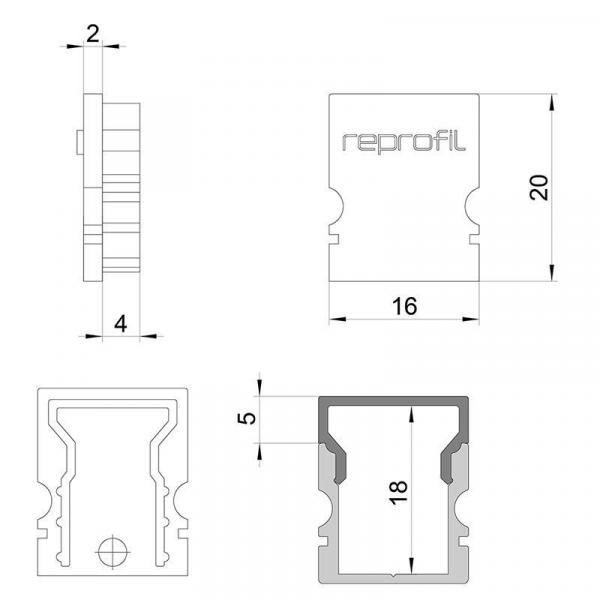 Zubehör, Endkappe H-AU-02-10 Set 2 Stk, Länge: 16 mm, Breite: 6 mm, Höhe: 20 mm