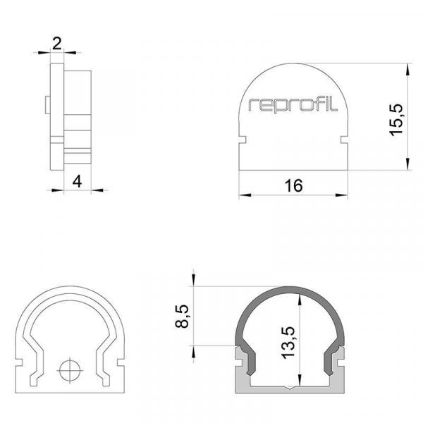 Zubehör, Endkappe R-AU-01-10 Set 2 Stk, Länge: 16 mm, Breite: 6 mm, Höhe: 15,5 mm