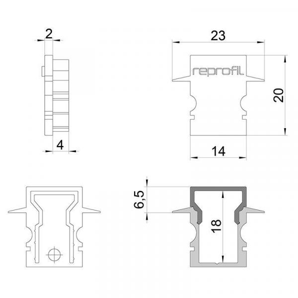 Zubehör, Endkappe H-ET-02-08 Set 2 Stk, Länge: 23 mm, Breite: 6 mm, Höhe: 20 mm