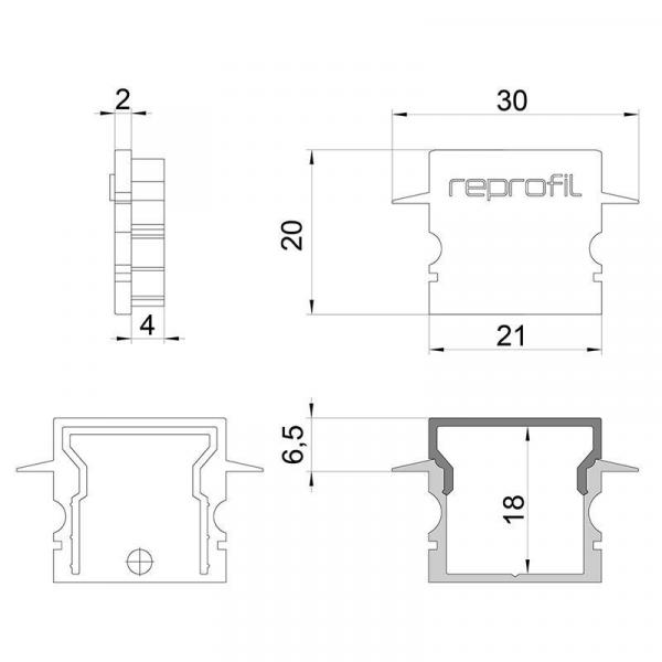 Zubehör, Endkappe H-ET-02-15 Set 2 Stk, Länge: 30 mm, Breite: 6 mm, Höhe: 20 mm