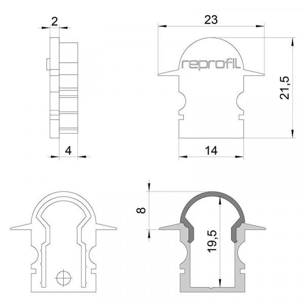 Zubehör, Endkappe R-ET-02-08 Set 2 Stk, Länge: 23 mm, Breite: 6 mm, Höhe: 21,5 mm