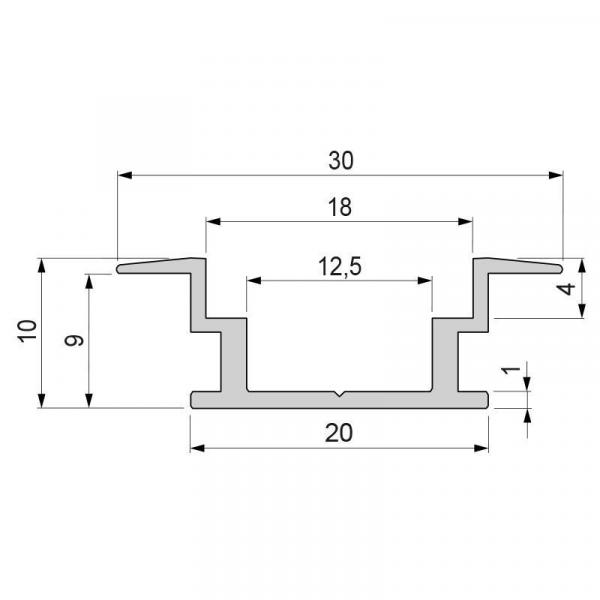 IP-Profil, T-flach ET-05-12 für 12 - 13,3 mm LED Stripes, Silber-matt, eloxiert, 1250 mm