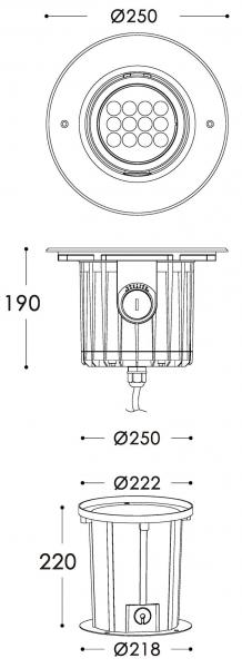 Bodeneinbauleuchte, Soft Flex 18, spannungskonstant, symmetrisch, 220-240V AC/50-60Hz, Leistung / Le