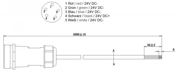 Kabelsystem, Weipu HQ 12/24/48V Einspeisekabel 5-polig, Länge: 5000 mm